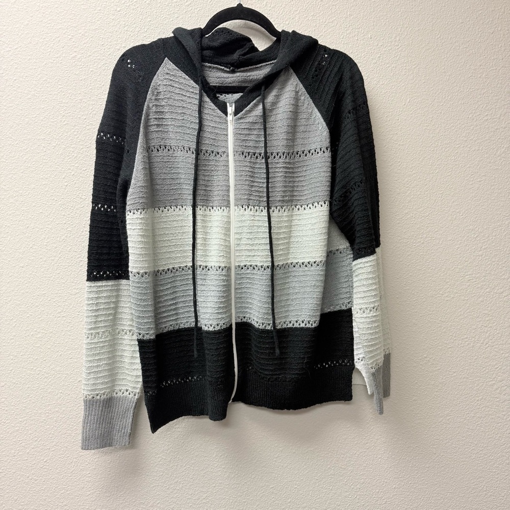 Black Gray Colorblock Zip Hoodie XL Knit Sweater Casual Fall Layer - Picture 2 of 7